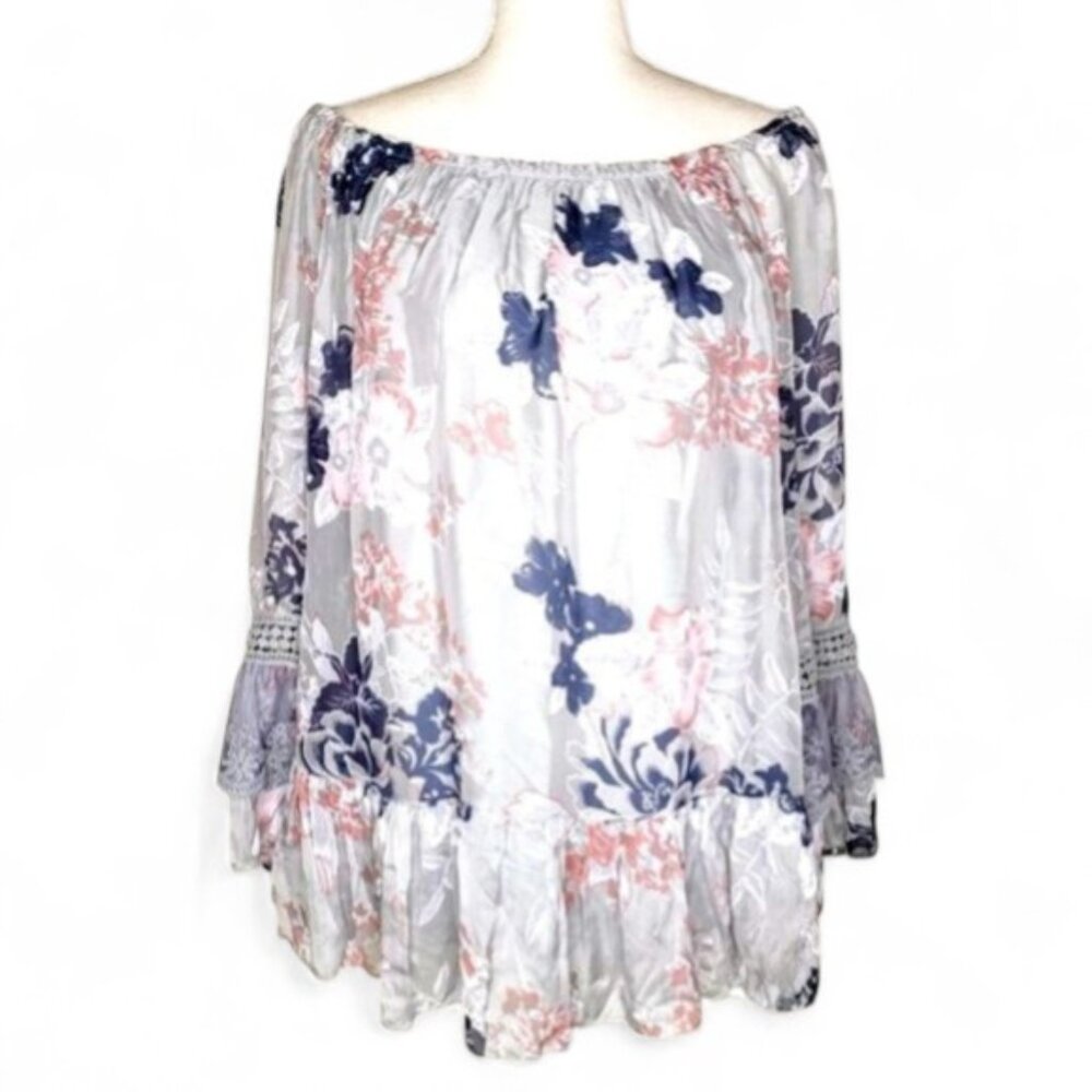 Le Marais Paris Silk Off The Shoulder Blouse Women's Crochet Bell Sleeve Boho M